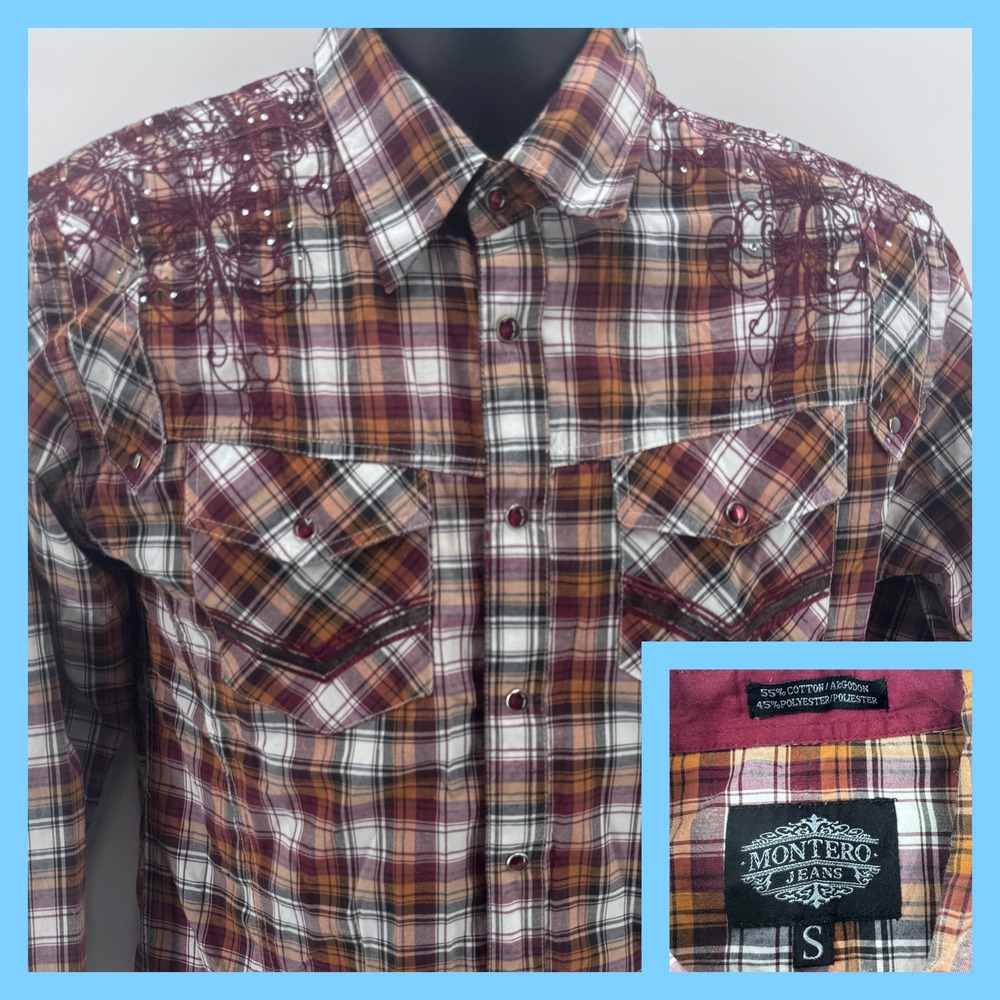 Montero Jeans Western Shirt Womens Small‎ Burgundy Plaid Embroidered Rhinestone